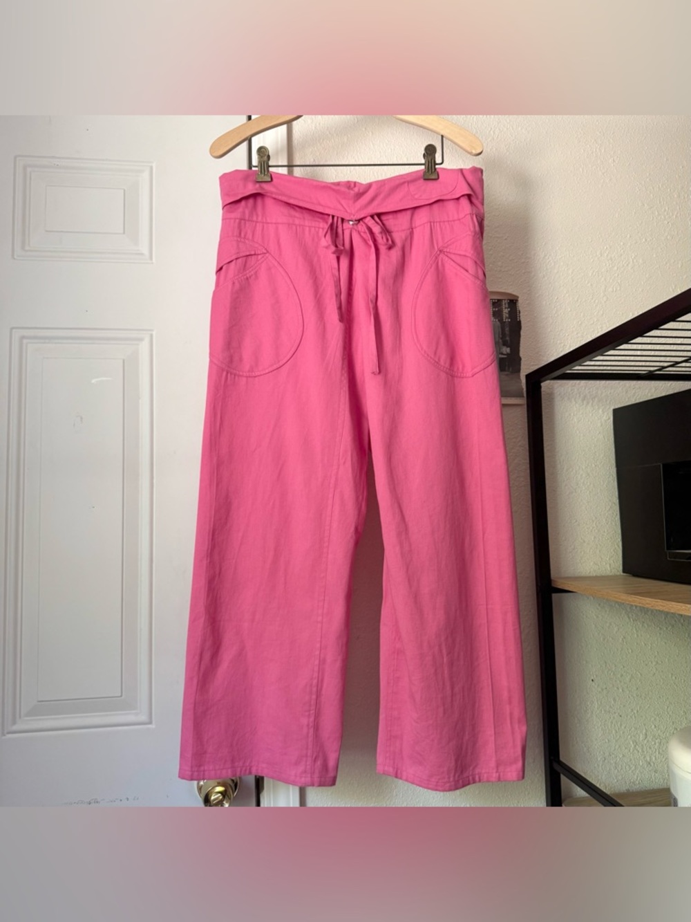 GIMAGUAS pink cotton high rise wide leg cropped pants